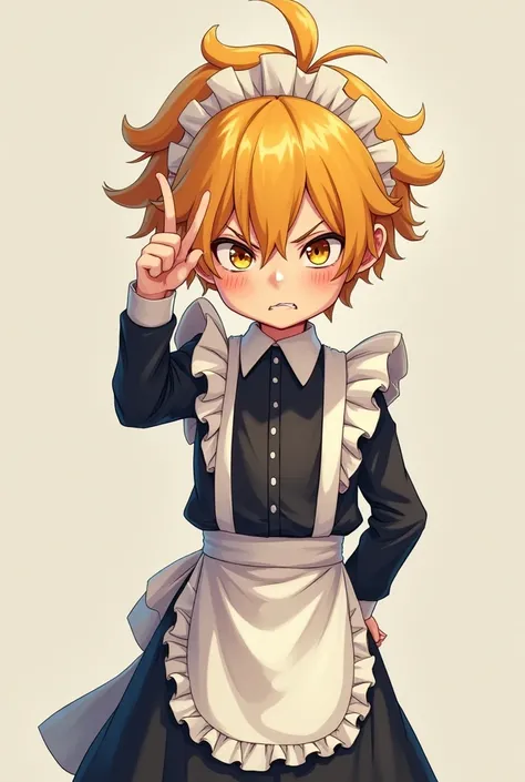 male boy, With golden hair and eyes, with a maid costume,  angry expression, blushing, showing the middle finger on one hand facing forward,  looking straight ahead 