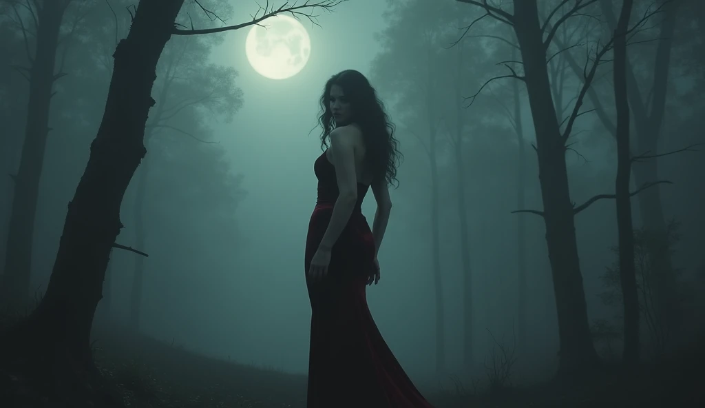 a dark, sexy, mysterious and seductive image of a female dressed in velvet in a foggy forest on a moonlit night
