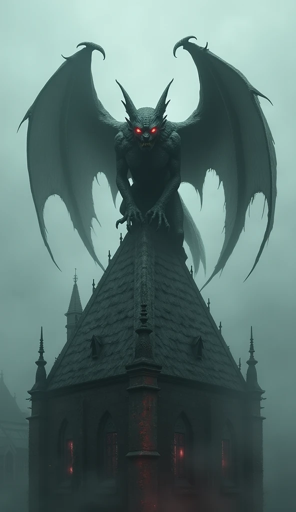 Gargoyle perched on the roof of the red-eyed winged bat-like folded church
 And gray color all the being