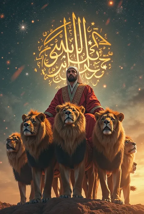 Lions carry a strong Moroccan man on a throne and in a sky with the ink of the Islamic nation written on it and shining like a star 