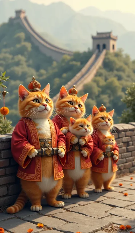 fat orange cat family is vacationing in china and taking pictures on the long wall of china, using traditional chinese clothes from ancient times