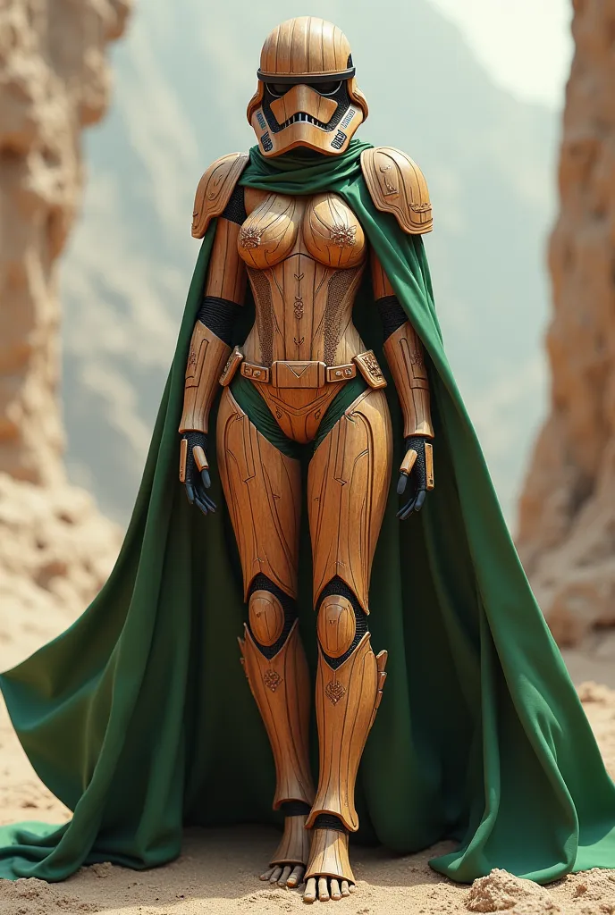 Sexy female stormtrooper (Star Wars), carved wooden leotard, wood helmet, wood armor, wood mask, wearing green cape