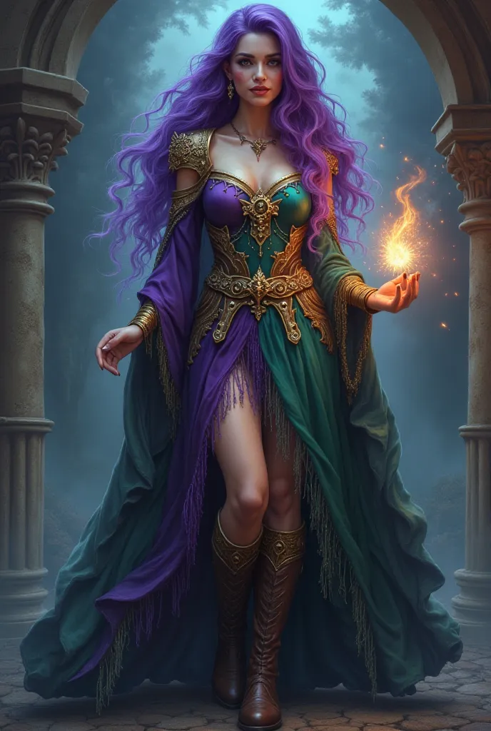  Create a Dungeons  &  Dragons female sorcerer with purple wavy hair , dark makeup , luminous, dress with oil green and lilac bodice with fringes and high leather boots with cosmic powers and magical golden bracelets and golden spiritual shield on the shou...