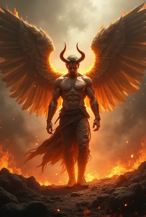 Angel with horns and wings of male fire in the middle of a war 