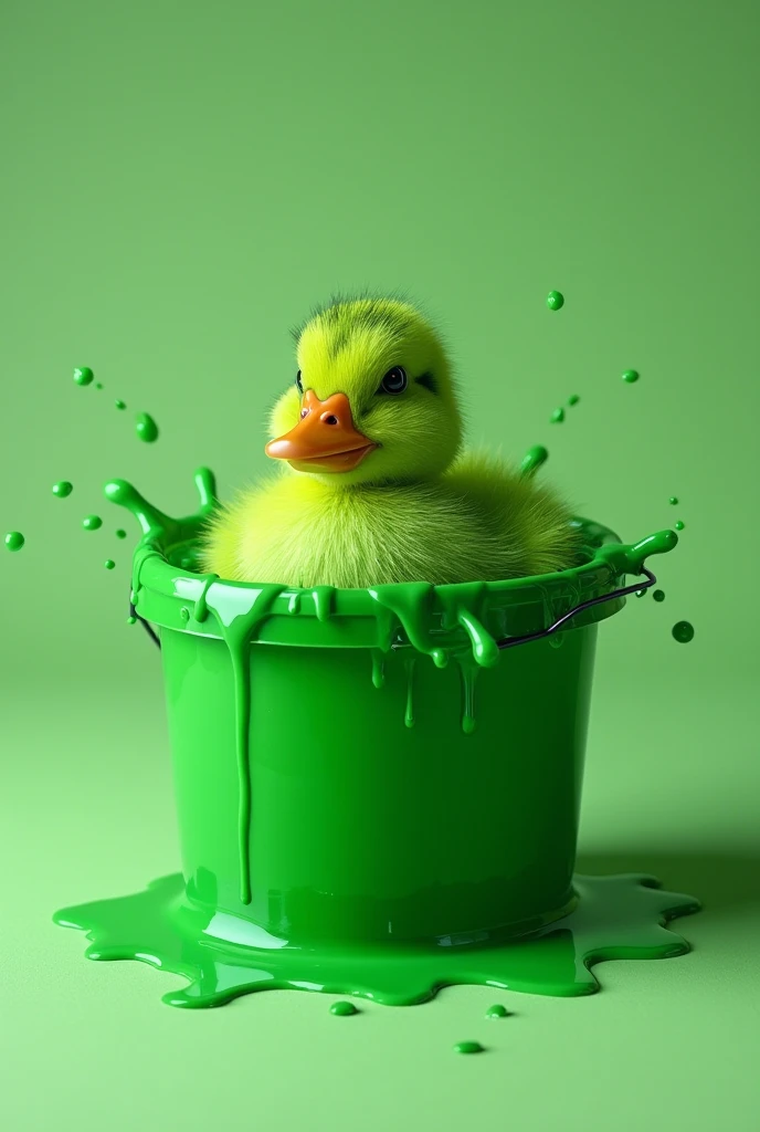 "A green duckling plunges into a bucket of green paint.  Fresh, vibrant ink drips through your body , creating an immersion effect .  The duckling maintains its distinctive shape while splashes of green paint spread through the environment."