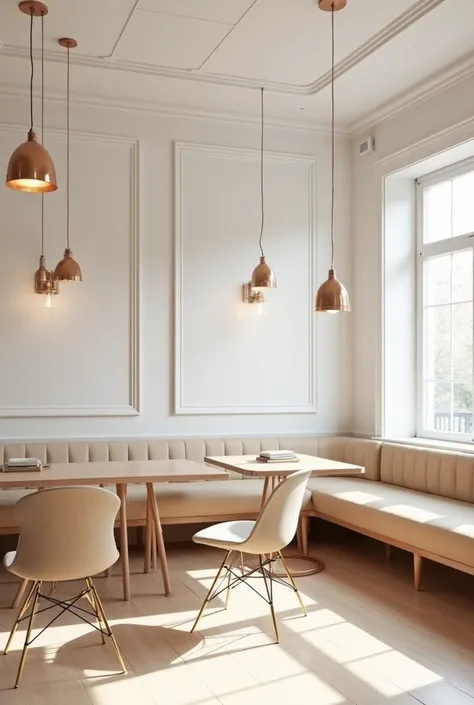  This creative café is characterized by a modern and elegant fusion of white and light brown ,  creating a serene but striking environment .  The walls are matt white , , allowing the details in light wood ,  present in the furniture and some decorative pa...