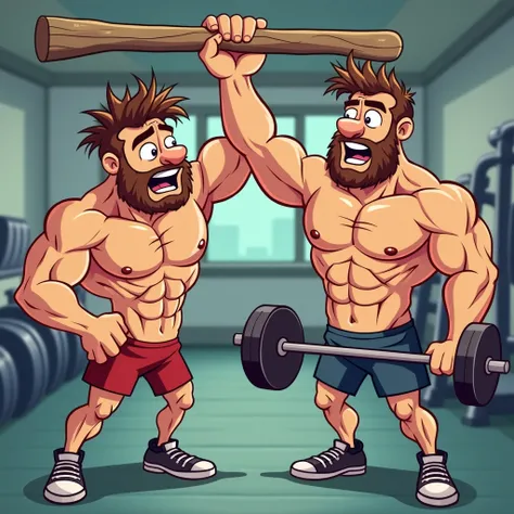  In a gym setting with a cartoon style, two muscular characters ,  but with exaggerated and comical features ,  are involved in a funny scene . One of the men,  with messy hair and funny expression ,  is holding a wooden stick ,  raising it above the head ...