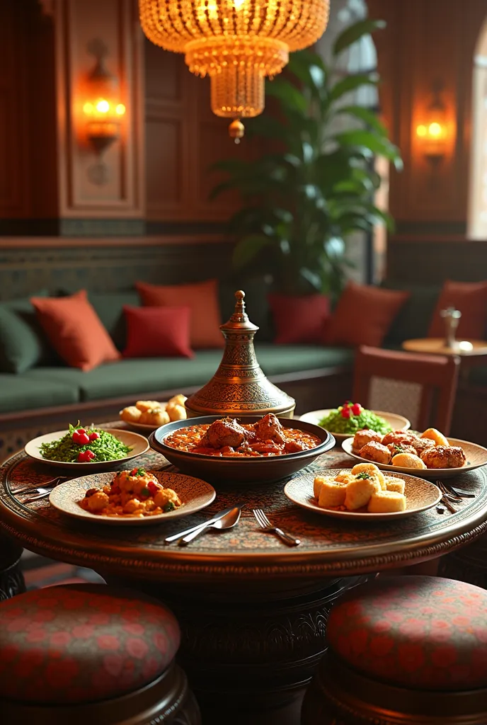   Moroccan lounge  ,  Arab table and stools around, You glasses ,  tadjine food ,  chicken meat ,  salad and Arab sweets 