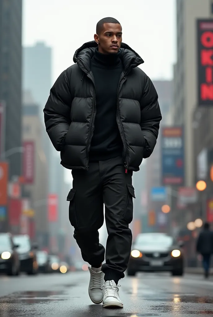 A man dressed in black cargo pants , Patrick Ewing hi 33 white sneakers, black turtleneck sweater and black puffer jacket 