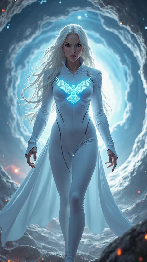  You have an image of a beautiful woman with long white hair , She has bright white eyes , She has bright white lips ,  she has modern white superhero clothes ,  measures 1. 80m she has an athletic body ,  she has a sky blue eagle on her chest , she is in ...