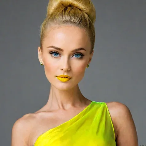 russian erotic mature, yellow hair , one shaved sides hair  ,   yellow blue eyes , big pump silicon lips  , yellow lipstick  neon dress 8k realistic most small micro bikini 