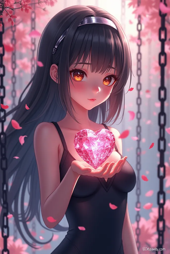 An anime-style girl with a long hair band dressed in black who has a diamond heart in her hand surrounded by chains, realistic style with a background of falling petals. 