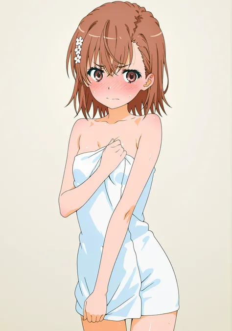 smooth anime cg art、1 girl、(((embarrassed)))、(((small breasts:1.2)))、(((simple background)))、(((standing)))、(((from front)))、(((misaka mikoto)))、naked towel