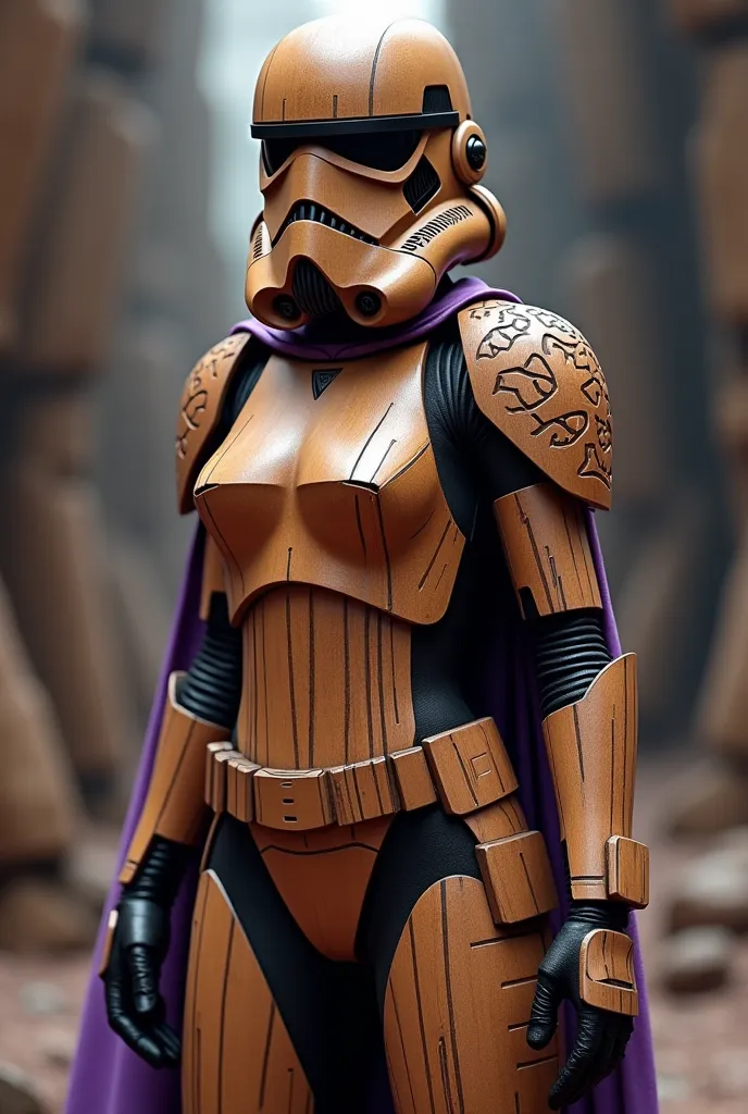 Sexy female stormtrooper (Star Wars), carved wooden leotard, wood helmet, wood armor, wood mask, wearing purple cape