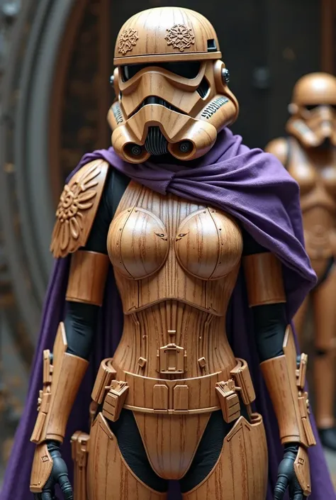 Sexy female stormtrooper (Star Wars), carved wooden leotard, wood helmet, wood armor, wood mask, wearing purple cape