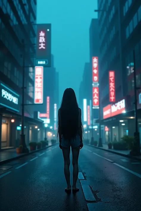 Make the person in the picture looks with long hair and make him standing the the street in the middle of night.