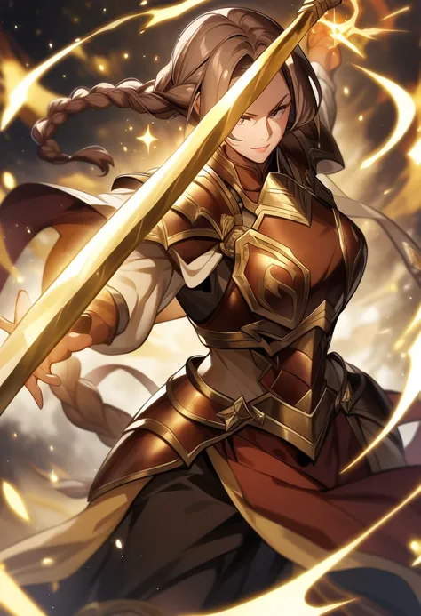 Elderly woman、 long brown hair、 braids、bangs、Holding a long sword、armor、Magic Style、 very detailed、 high resolution