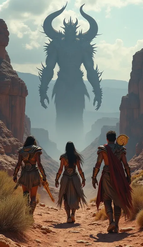 A cinematic, hyper-realistic scene at the Grand Canyon, USA, where three warrior-mages, clad in futuristic yet tribal-infused mystical armor, stride across the rocky terrain. One wields a shimmering energy rifle inscribed with ancient symbols, another carr...