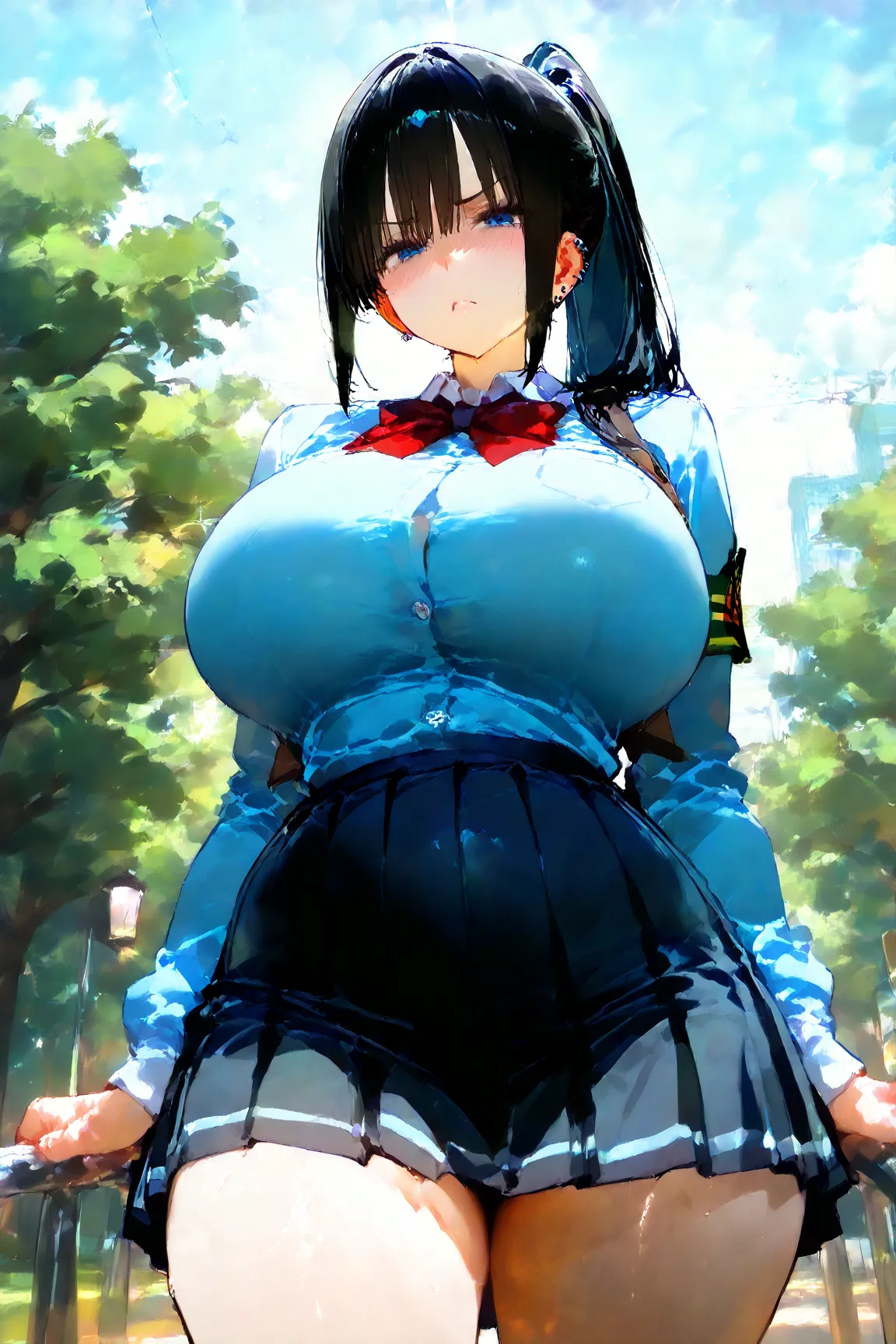   image of an anime girl , 4k,   Detailed,   Detailed clothes,   Detailed lighting,   Detailed shading,   black hair ,   ponytail  ,   pale skin.   curvy body,   Huge Breasts,   saggy tits,  blue eyes,   stretched buttons  ,   Schoolgirl uniform, piercings...