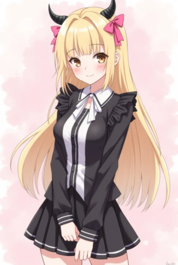  Female anime with white skin , Portrait version ,  long blonde hair with bangs , Small black horns with pink ribbons, black blouse with white stripes with black shoulder ruffle, Light brown eyes and blushed cheeks, a short black skirt, With a beautiful pa...