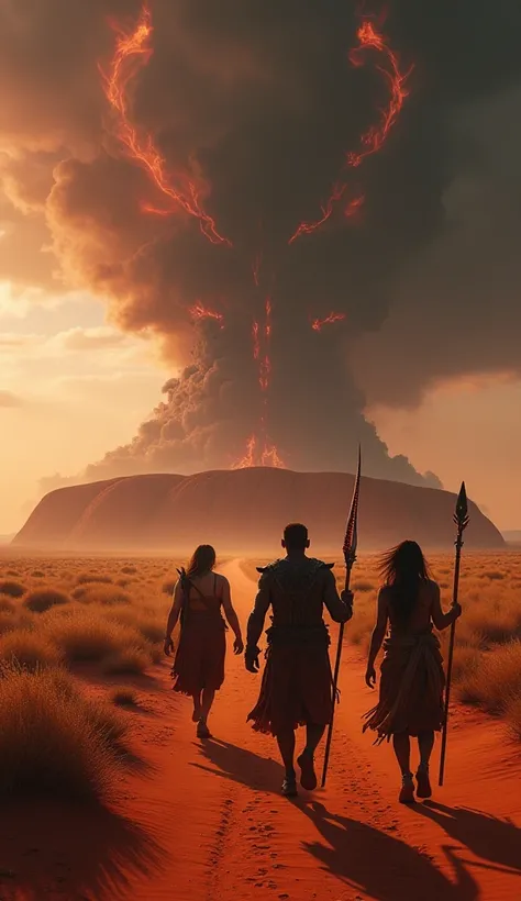 A cinematic, hyper-realistic scene at Uluru, Australia, where three warrior-mages, inspired by Aboriginal dreamtime warriors, march across the red desert. One wields a glowing boomerang, another a spear infused with celestial energy, and the third a staff ...