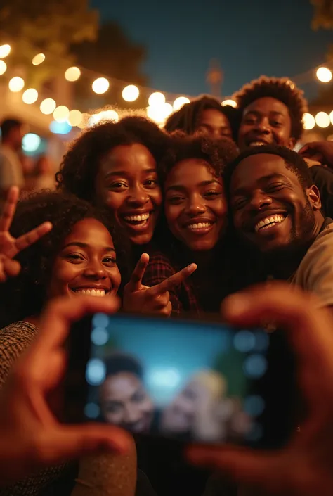 A phone camera POV shot of a group of Black friends huddled together, laughing and posing for a selfie. Their faces glow under warm ambient lighting, eyes bright with joy. Some flash peace signs, others lean in close, their smiles wide and genuine. The pho...