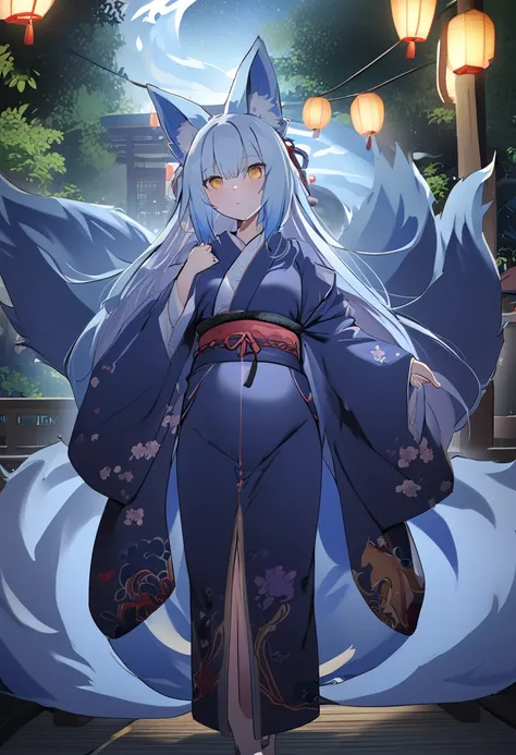 torii　Shrine maiden　Nine-Tailed Fox　fox Light blue hair 　beast girl　indigo fur　fox beast girl　fox Light blue hair 　beast girl　indigo fur　fox beast girl　Wallpaper 4k,8k,highly detailled,,vivid colors,detailed kitsune with 9 tails,traditional Japanese artwor...