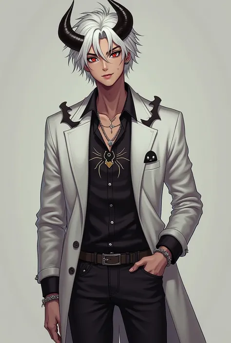 Luiz, he has white hair, demon horns, his skin is a bit dark, his eyes are red, he has a very beautiful smile, he wears a white coat with bat details, with a black blouse inside with a very cute spider detail, black pants, jeans, boot-style shoes, wears pi...