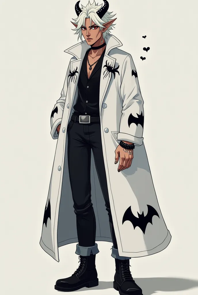 Luiz, he has white hair, demon horns, his skin is a bit dark, his eyes are red, he has a very beautiful smile, he wears a white coat with bat details, with a black blouse inside with a very cute spider detail, black pants, jeans, boot-style shoes, wears pi...