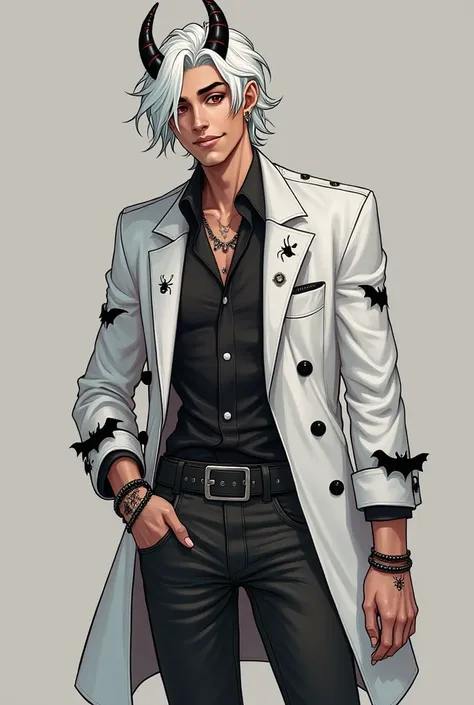 Luiz, he has white hair, demon horns, his skin is a bit dark, his eyes are red, he has a very beautiful smile, he wears a white coat with bat details, with a black blouse inside with a very cute spider detail, black pants, jeans, boot-style shoes, wears pi...