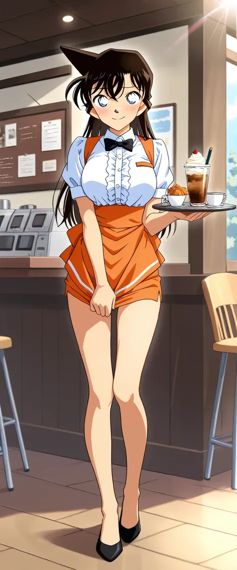 score_9, score_8_up, score_7_up,1girl,solo,mouriranai,mouri ran,meitantei conan,brown hair, blue eyes, long hair, breasts, large breasts, lens flare, medium breasts,no bura,no panties,BREAK,waitress, orange micro mini pencil skirt,(holding trsy),BREAK,blus...