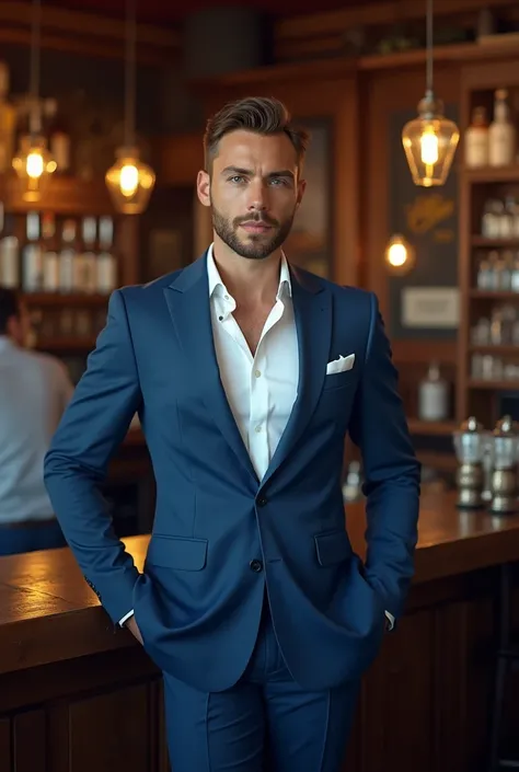 A man,  around 30 to 35 years old and in a sporty blue suit with a white shirt. He's standing at a bar in a typical small American town. 