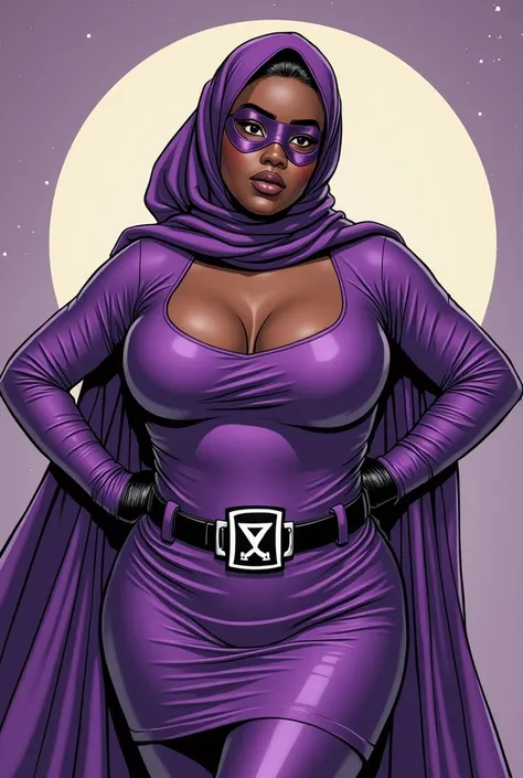 30 year old plus size African woman as superhero wearing 1960s violet Long Sleeve scoop-neck pullover minidress, leggings,hijab,belt,gloves and masquerade mask. her costume is latex. she got big breasts and big ass.  she's exposing her breasts and her nipp...