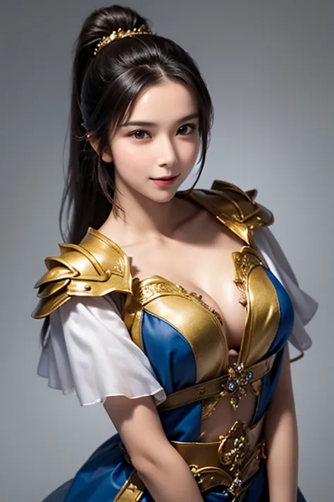 close-up of a woman wearing armor and a golden cape up to the waist , 1 person,  cute ponytail  ,20 years old, (((Real Face))), slightly larger breasts and cleavage,  reveal cleavage,Scary face,   very fine face and skin texture ,  staring at the camera,  ...