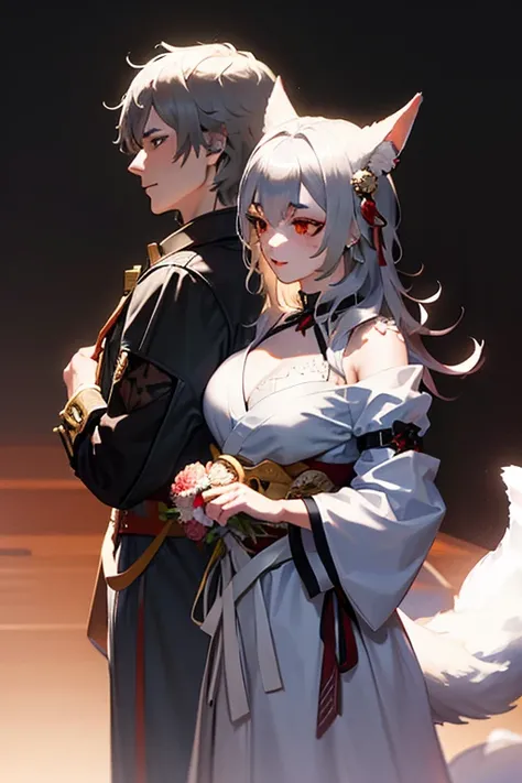  white-haired man , standing behind a Kitsune girl albina medium hair,  hugs her around the waist 