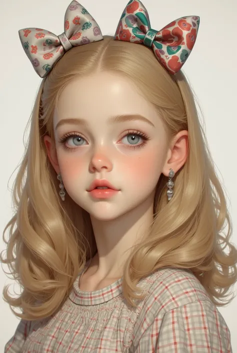 a digital 3d made rendering of a girls face with big hair bows, 1girl, solo, blonde hair, blue eyes, realistic, long hair, multicolored hair