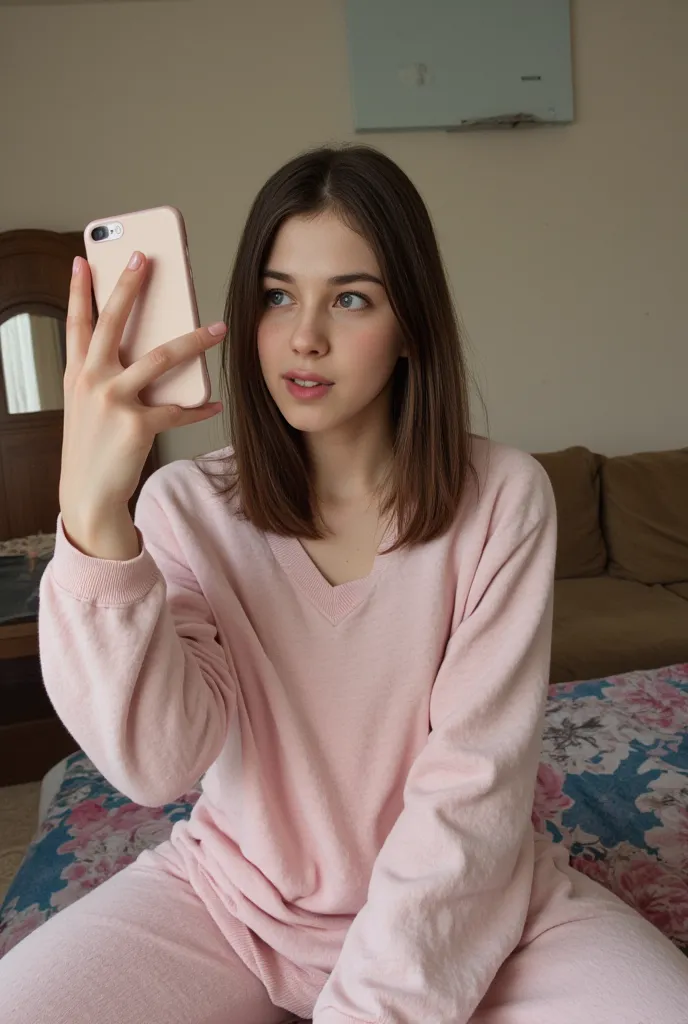 A 15 y.o Russian Girl with straight hair,Middle, With top and pajamas, Aitana taking a selfie. (Photo characteristics: grainy, low quality, blur: 1.3)
