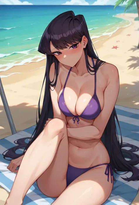 Animated
Komi Shouko  ,
((shy)),  NSFW
black hair ,   long hair,  purple eyes ,  Purple bikini ,  beach, sunny 