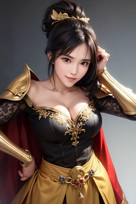 close-up of a woman wearing armor and a golden cape up to the waist , 1 person,  cute ponytail  ,20 years old, (((Real Face))), slightly larger breasts and cleavage,  reveal cleavage,Scary face,   very fine face and skin texture ,  staring at the camera,  ...