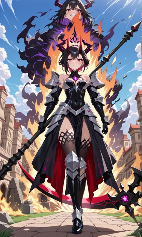 (((masterpiece, best quality, high detailed, 16k))) (1girl) A terrifyingly powerful demoness with dark, shadowy hair that writhes like tendrils of pure chaos, and eyes that burn with the fires of annihilation. Her armor is made from shattered fragments of ...