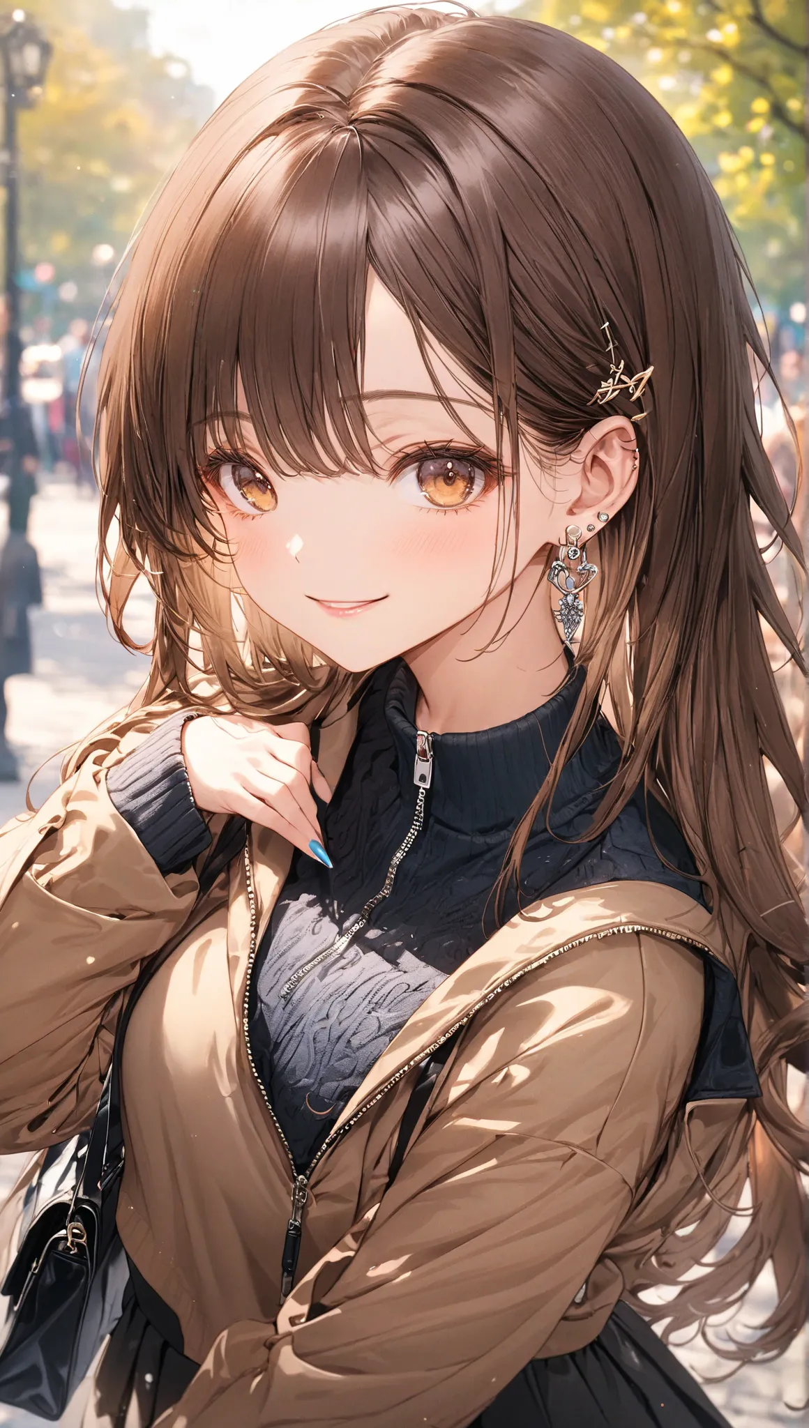  one girl, stupid hair, bangs, black  skirt, black   sweater , Blue Claws, Blurred, Blurred background,  chest,  brown eyes,  brown hair, brown  jacket, Shut up, day付付き, day,  description depth of boundary ,  earrings,  eyelashes,   raise your hand  ,  til...