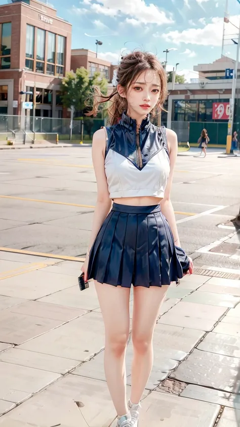 A beautiful young Japanese woman, 20 years old, with perfect anatomy, healthy thighs, beautiful feet, flawless skin, random hair color and style, large bust, (she is standing:1.2), wearing a cheerleader uniform with micro-pleated miniskirt, in a full body ...