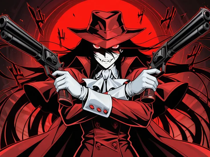 masterpiece, best quality, amazing quality, very aesthetic, high resolution, newest, hyper-detailed, SUBJECT: Alucard from Hellsing, CORE DESCRIPTORS:
Alucard, vampire, anime/manga, STYLE & ERA: Hand-drawn, modern, dark fantasy, BODY STRUCTURE: Tall and sl...