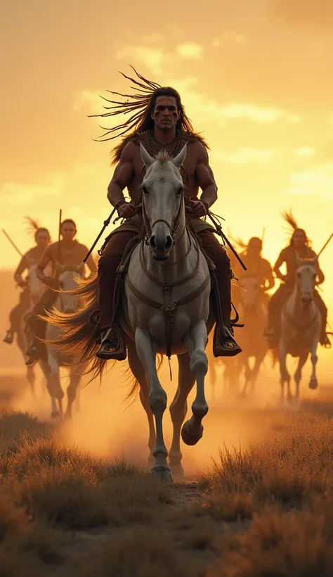 Sioux warrior riding a horse and both skeletal gallops in attack and followed by many warriors across the prairie and raising a cloud of dust at dawn