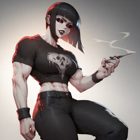 A ash pale skin goth girl long black bob long fringe hair red eyes black esclera black goth shirt,black cargo pants,huge defined muscle bulging veins giant body,black wristbands