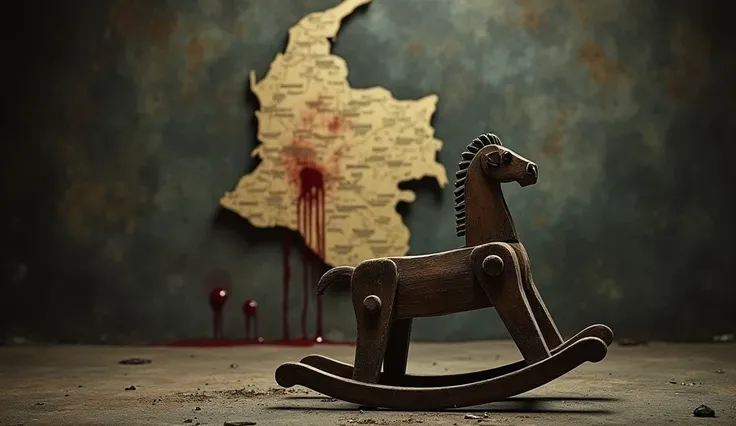 "A detailed map of Colombia with a deep, jagged scar cutting across the territory. Small drops of blood seep from the scar, symbolizing the lasting pain left by 'La Bestia.' In the foreground, an old, worn wooden rocking horse lies abandoned, representing ...