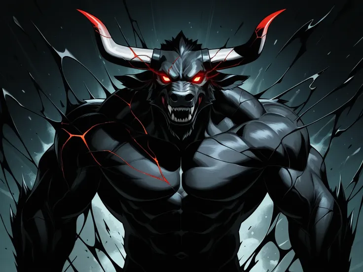 SUBJECT: Minotaur from Tekkonkinkreet. CORE DESCRIPTORS: Minotaur, mythical beast, anime film. STYLE & ERA: Hand-drawn, modern, surrealist urban fantasy. BODY STRUCTURE: Massive humanoid, bull-like head, muscular limbs, imposing stature, rough textured ski...