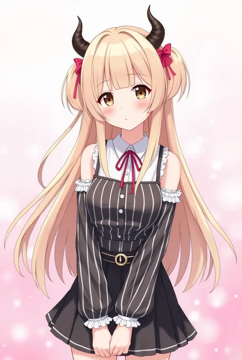  Female anime with white skin , Illustration version, Long light blond hair with bangs, Small black horns with pink ribbons, black striped blouse with white stripes and ruffles,  light brown eyes , a short black skirt, With a beautiful pastel pink backgrou...