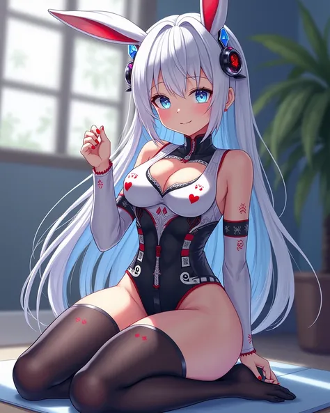 anime,girl,low,big thigh,with a very small chest, spiral around the eyes ,Xadrex rabbit ears ,Yoga bodysuit made of cards,long black transparent and tight stocking,funny smile,mesmerizing look, pose holding a hand watch ,spiral pupil , white and blue cryst...