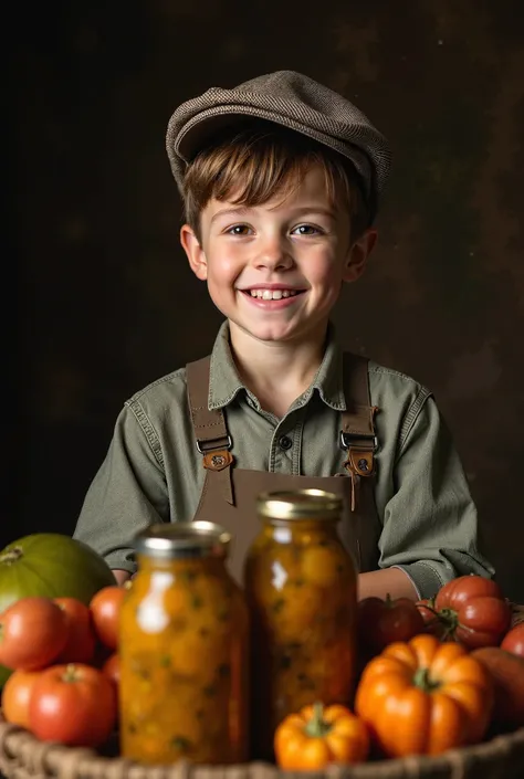 Ultra realistic photo, produced by a professional with a high-quality camera. Happy cuty boy with cap is at a market with a some a few bottles of pickling  hanging on his baske selling. Light rembrandt Style. Dark background.